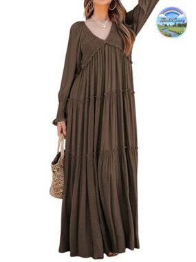Womens Long Sleeve V Neck Flowy Maxi Dress Boho Maternity Friendly